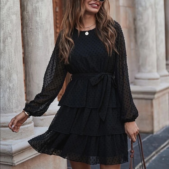 Black Swiss dot ruffle belted mini dress - Picture 6 of 7